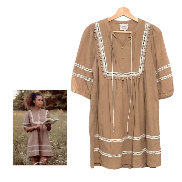 Hayden Dresses & Skirts - Hayden Tan Gauzy Boho Peasant Dress Size Small Babydoll Neutral Color